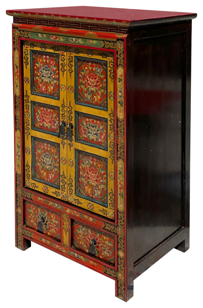 Tibetan Orange Yellow Jewel Floral Tall End Table Nightstand Cabinet Hcs7625