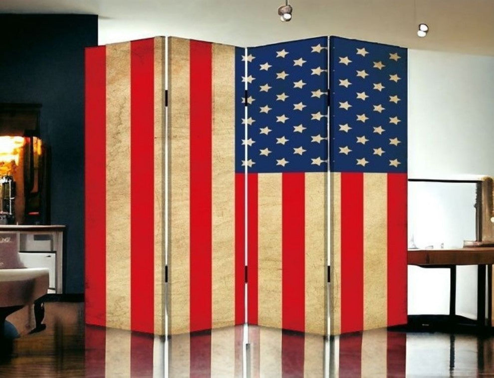 HomeRoots 1" x 84" x 84" Multi Color Wood Canvas American Flag Screen