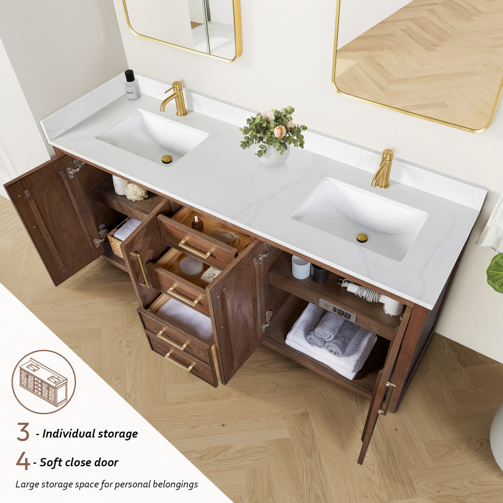 Jakarta Bath Vanity, Quartz Top No Mirror, Dark Brown Oak, 72", Double Vanity