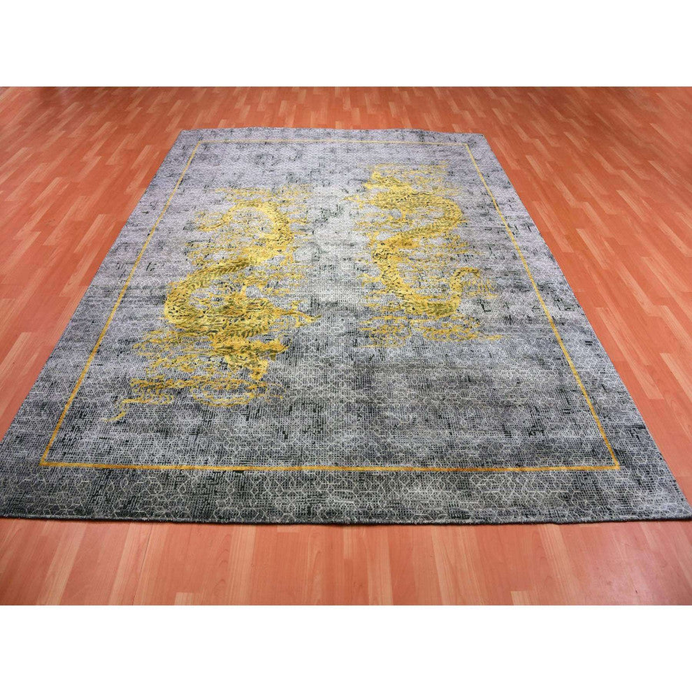 Gray Golden Dragons Chinese Inspired Wool  and Silk Hand Knotted Rug 8'x10'3"