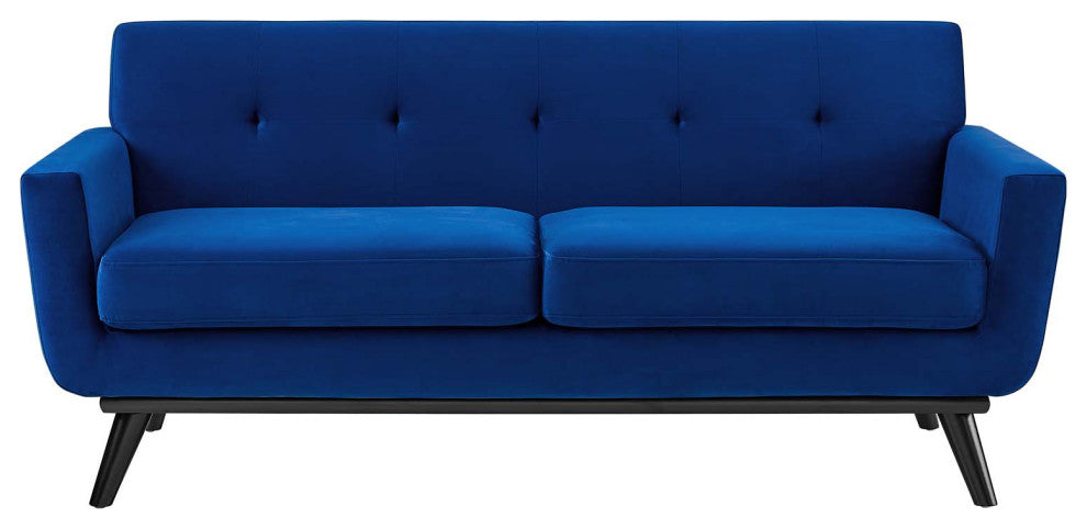 Loveseat Sofa, Blue Navy, Velvet, Modern, Mid Century Hotel Lounge Cafe Lobby