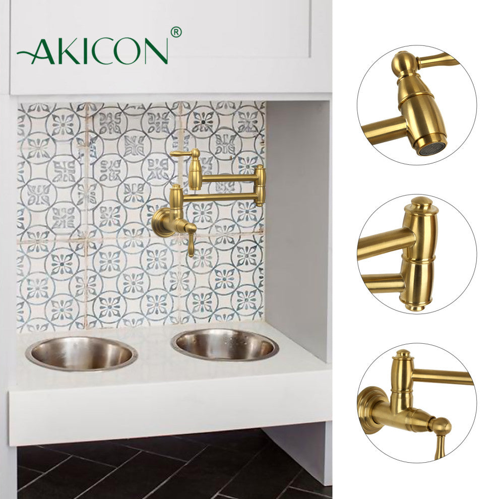 Brass Swing Arm Pot Filler - Wall Mount Water Faucet Built over Dog Food Bowls, Brushed Gold