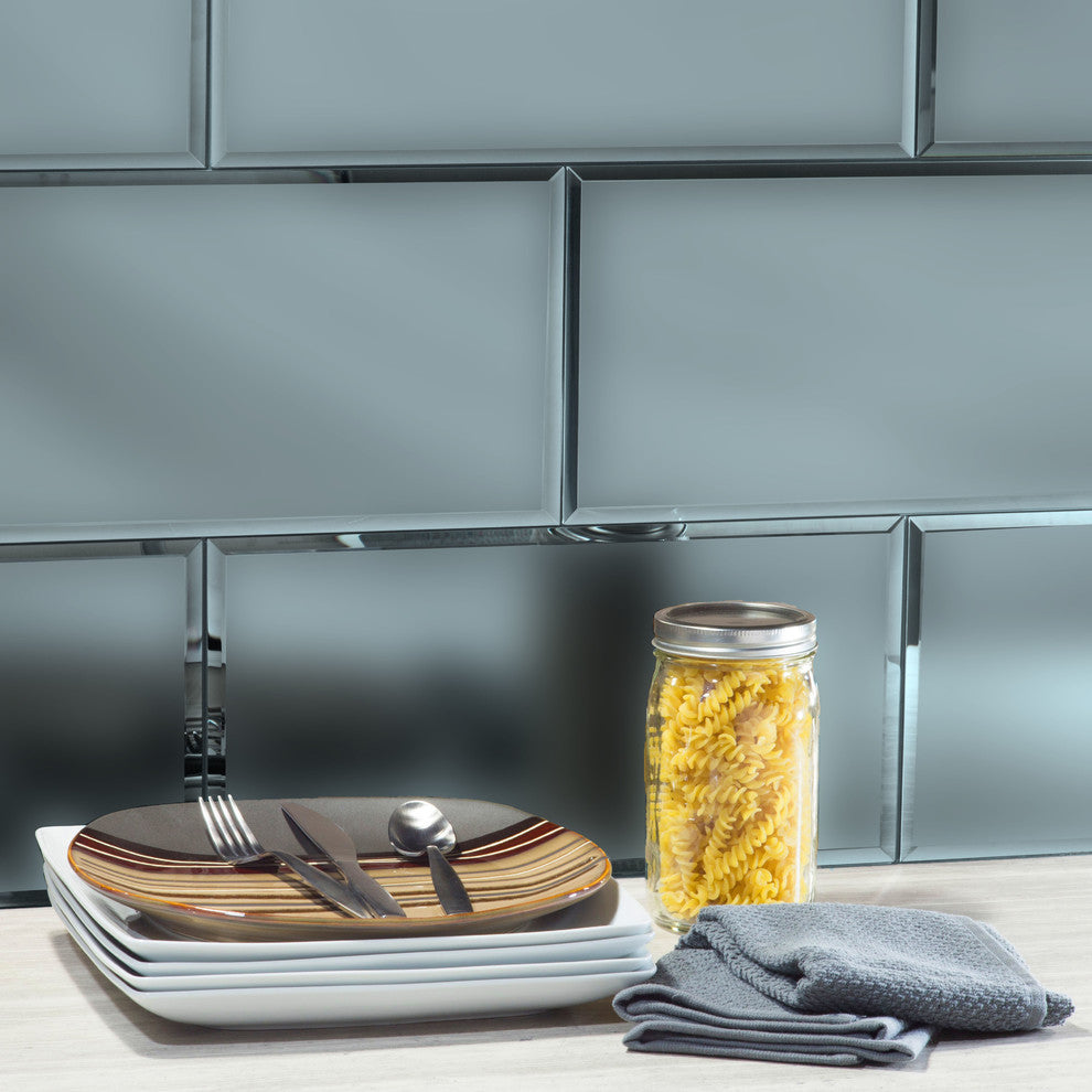 Reflections 8 in x 16 in Beveled Glass Mirror Large Subway Tile in Matte Blue