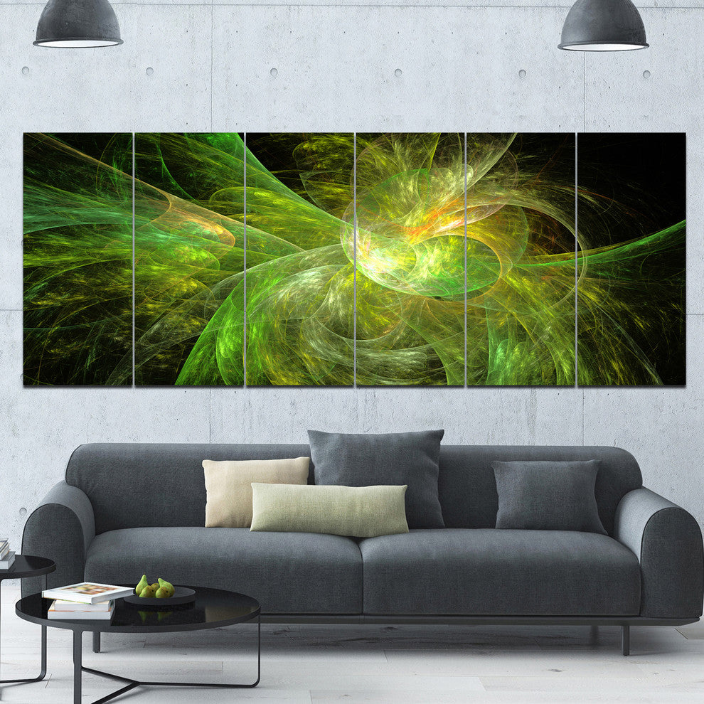 Green on Black Fractal Illustration, Abstract Canvas Print, 70"x28", 6 Panels