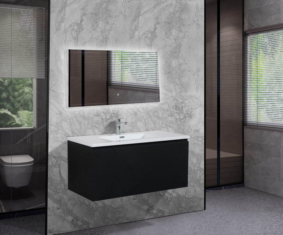 Matte Black Wall Mount Bath Vanity, Integrated Sink, White Sink, 36"