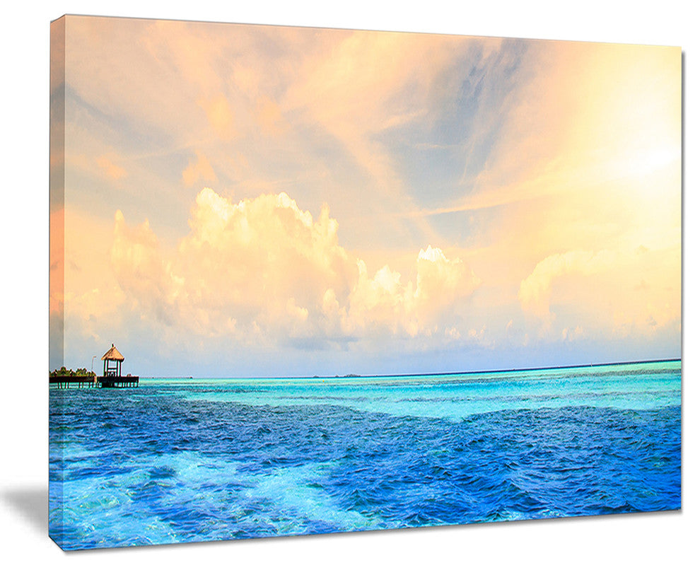 "Maldives Bungalows Sunset Panorama" Extra Large Seascape Art Canvas, 20"x12"