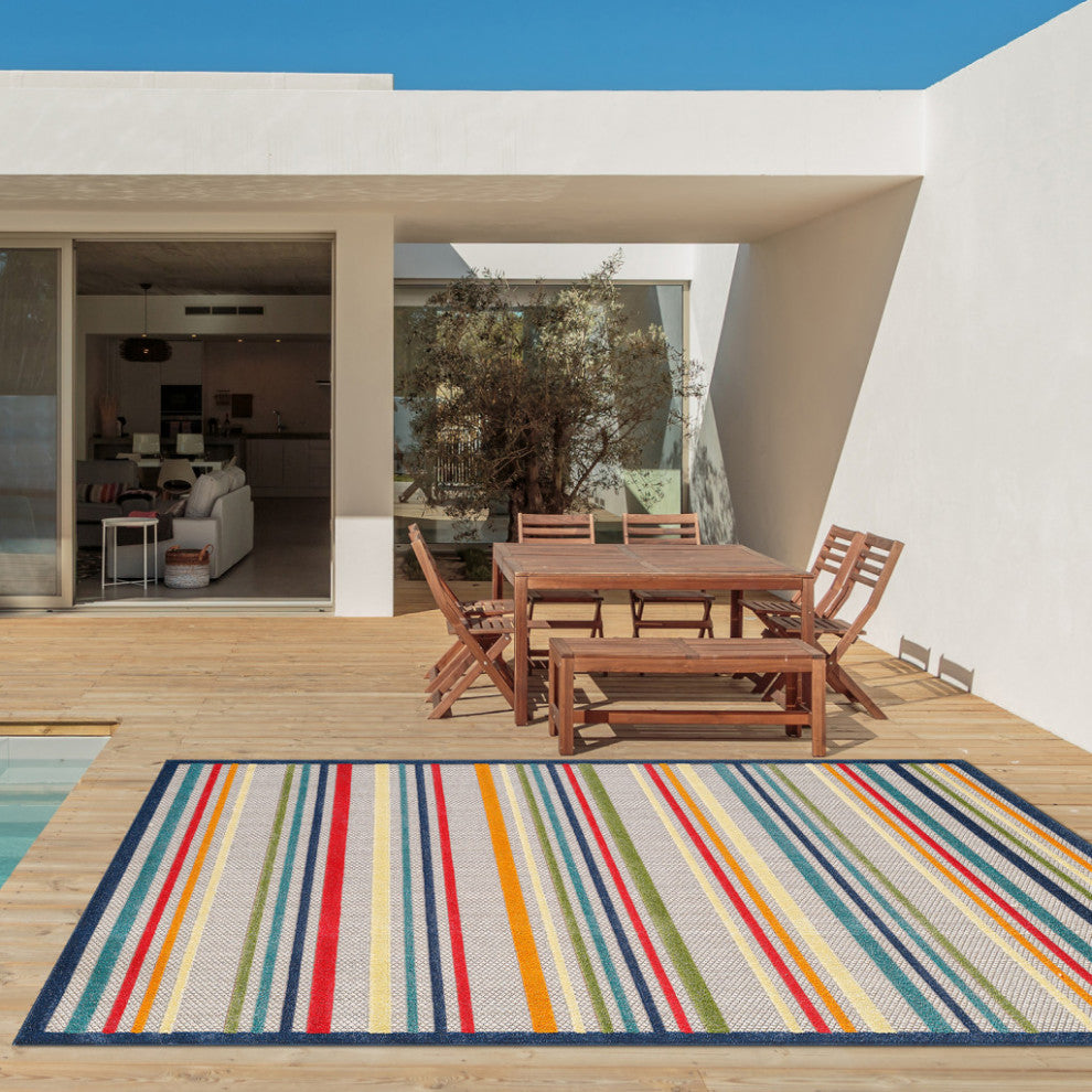 8"x10" Navy Colorful Striped Indoor Outdoor Area Rug