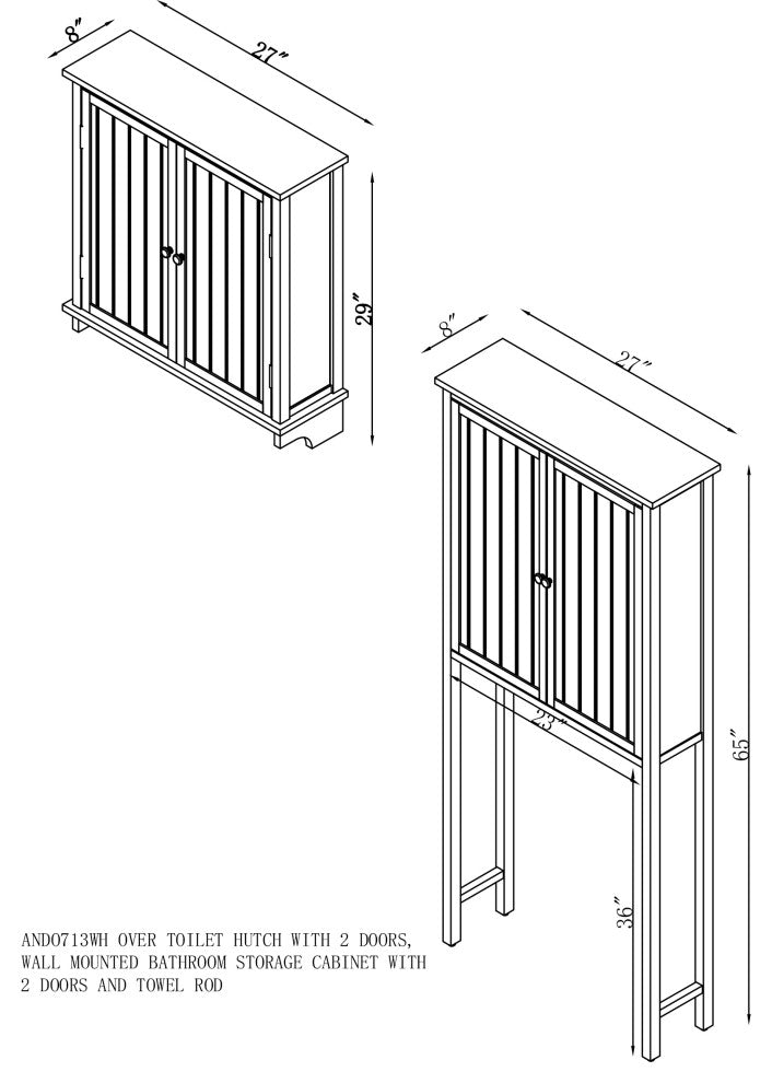 Dover Over Toilet Hutch with 2 Doors, Wall Mounted Cabinet with Towel Rod