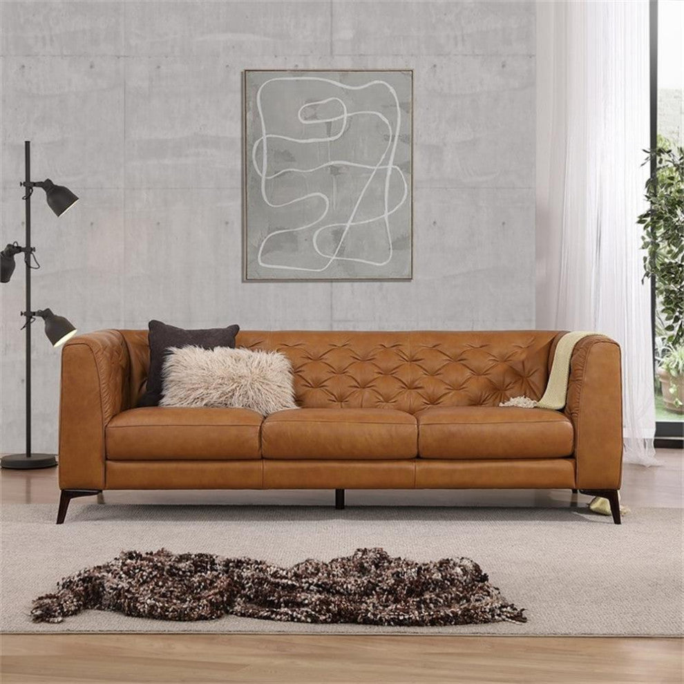 Flore Mid Century Modern Chesterfield Genuine Leather Sofa in Cognac Tan