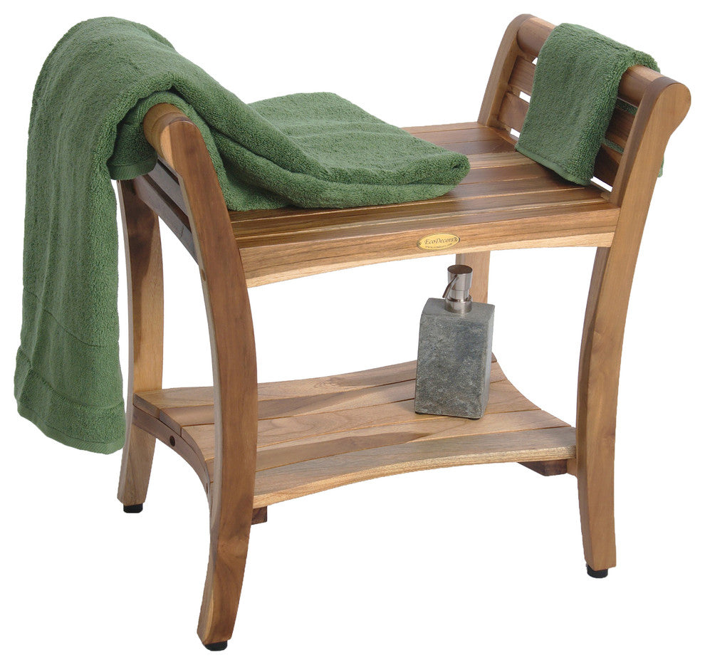EcoDecors EarthyTeak Symmetry 24" Teak Shower Bench With Shelf And LiftAide Arms