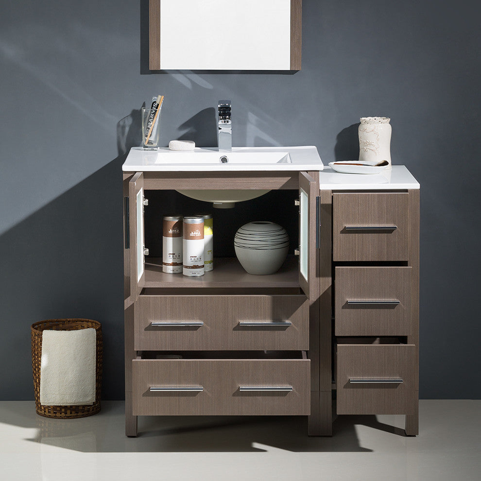 Torino 36" Gray Oak Modern Bathroom Vanity With Side Cabinet, FFT3071CH