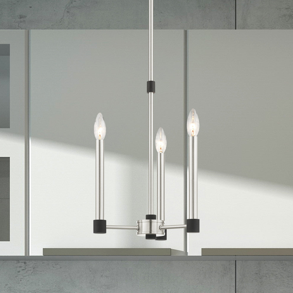 Livex Lighting Karlstad 3 Light Brushed Nickel, Black Accents Petite Chandelier