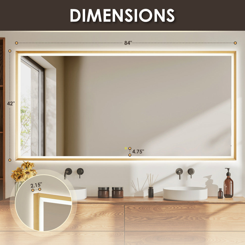 Apollo Anti-Fog Dimmable Vanity, LED Lighted Wall Mirror, Brushed Gold, 84"