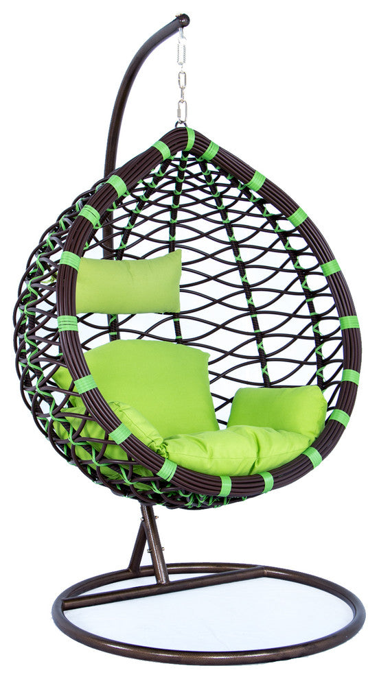Outdoor Patio Hanging Hammock Wicker Egg Swing Lounge Chair with Green Cushion