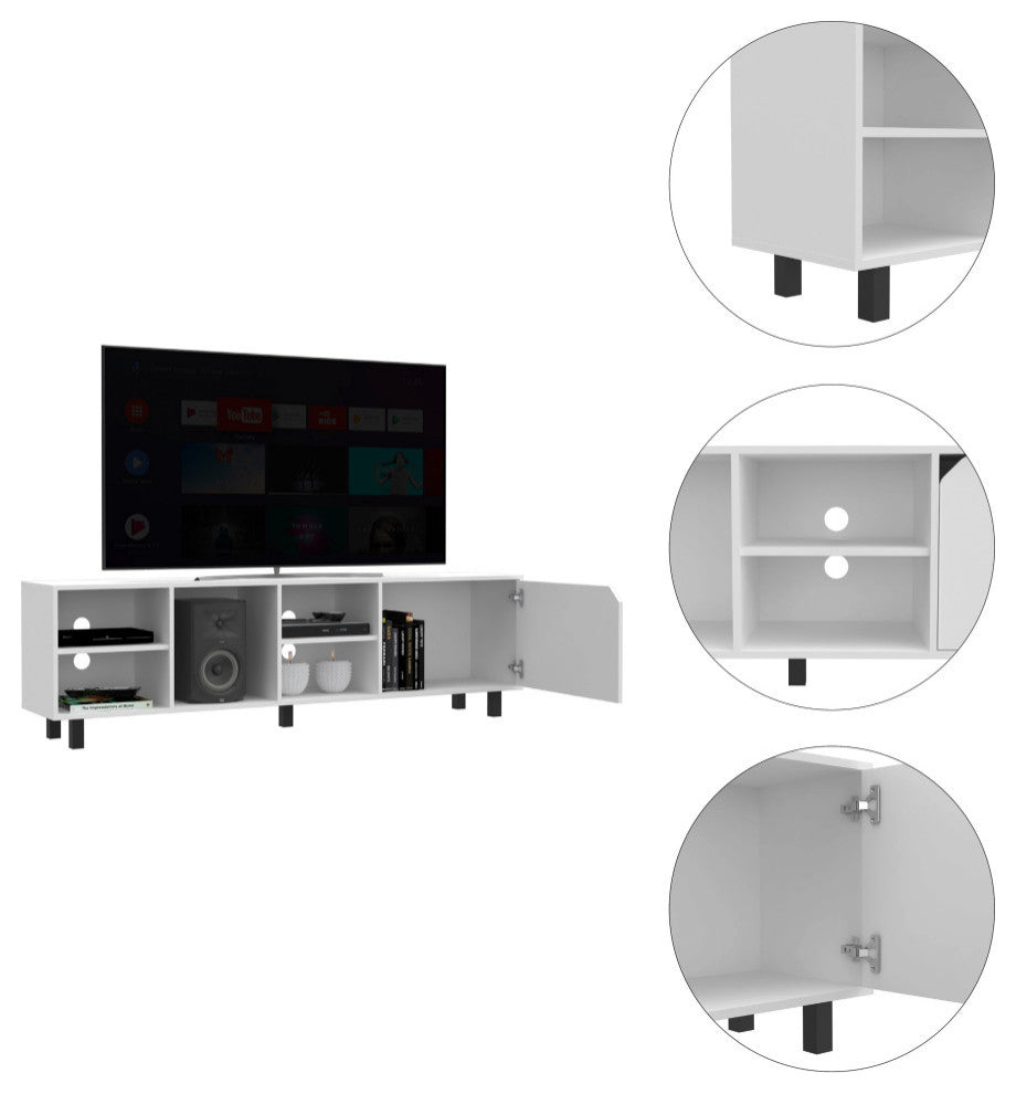 Native TV Stand for TVs up 70" with 5 Open Shelves, Cabinet, and 5 Legs, White