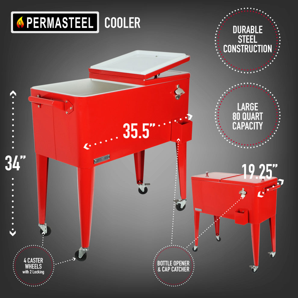Permasteel 80 Quart Portable Rolling Patio Cooler, Red