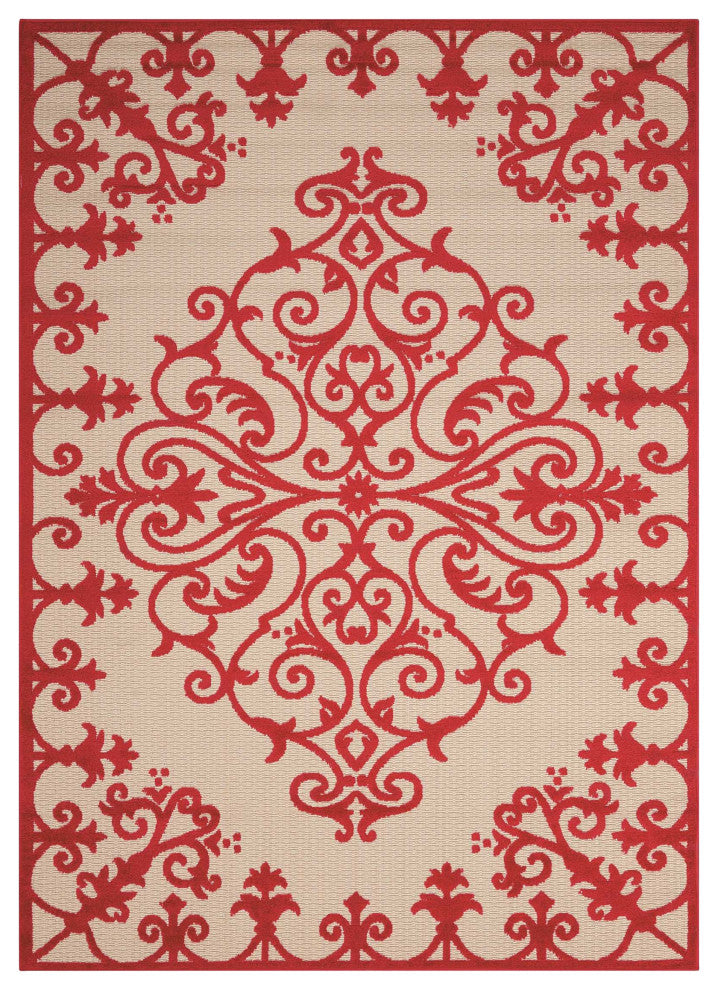 5' X 8' Red And Ivory Damask Indoor Outdoor Area Rug