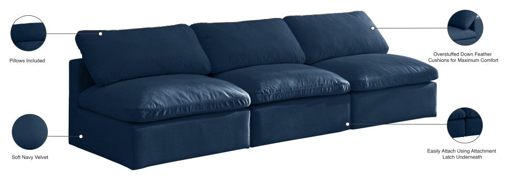Plush Velvet / Down Standard Comfort Modular Sofa, Navy, 3-Piece: 3 Armless Chair