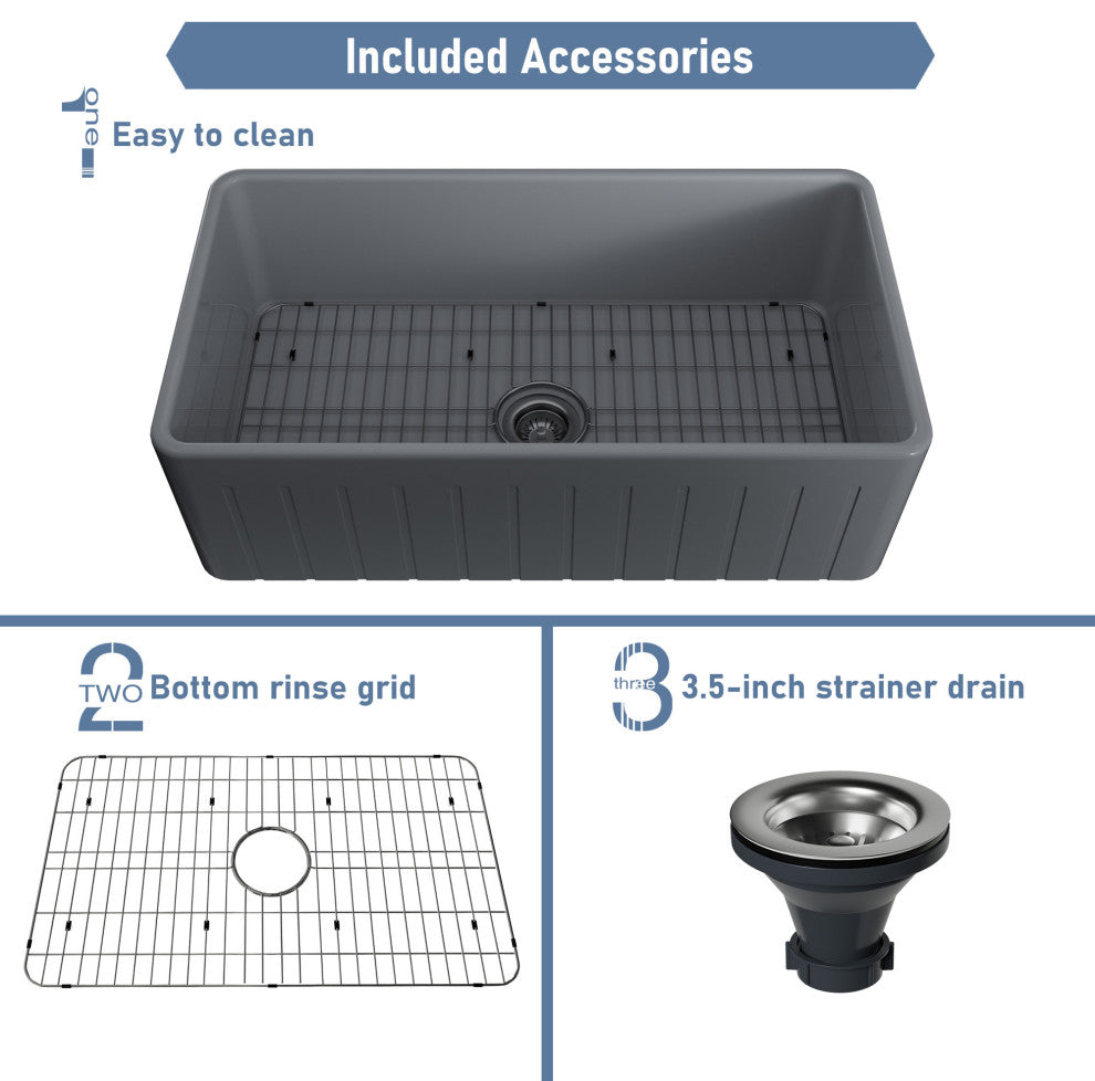 33in Single Bowl Fireclay Farmhouse Apron Kitchen Sink with Grid and Drainer, Matte Gray