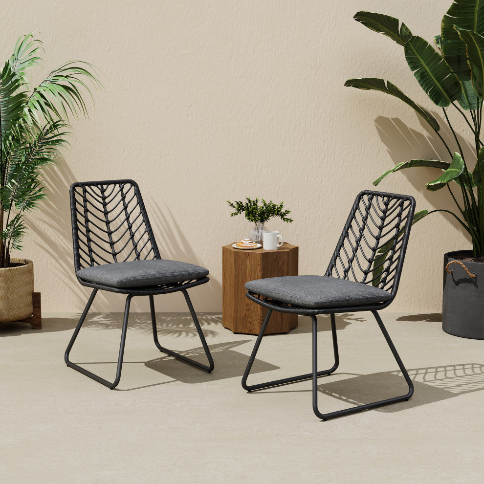 Azlee Outdoor Wicker Dining Chairs With Cushions, Set of 2, Gray