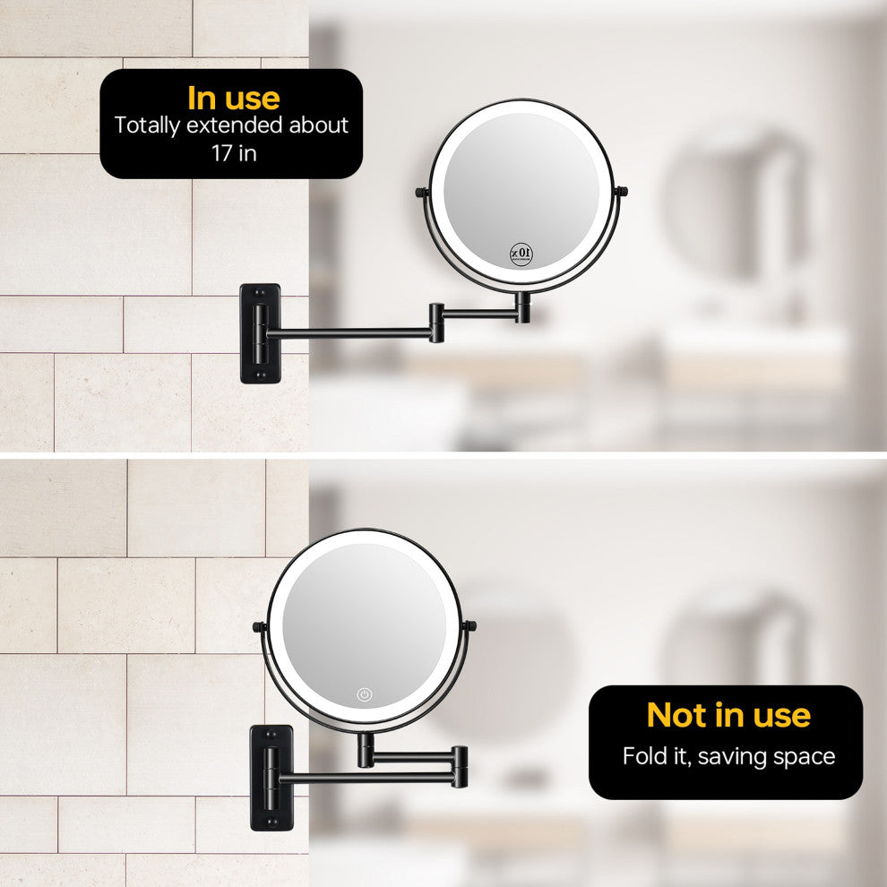 8 inch Double-Sided Framed Wall Mounted 10X LED Magnifying Bathroom Mirror, Black