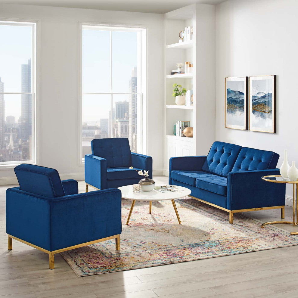 Armchair and Loveseat Sofa Set, Velvet, Gold Blue Navy, Modern, Lounge