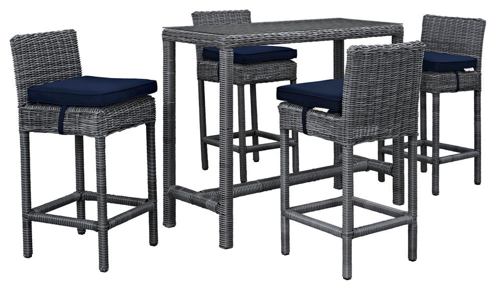 Modway Summon 5 Piece Outdoor Patio Sunbrella Pub Set, Canvas Navy