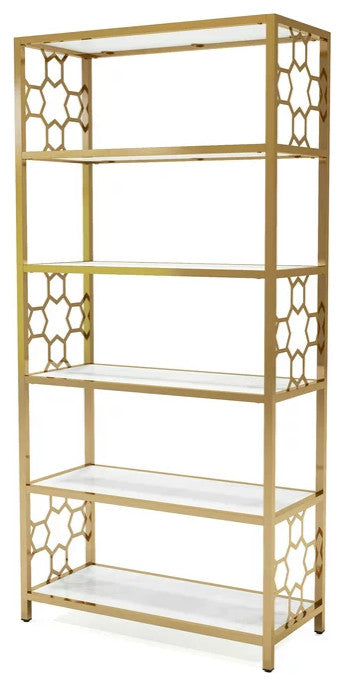 Contemporary Bookcase, Geometric Design & Open Shelves With Glass Panels, Gold