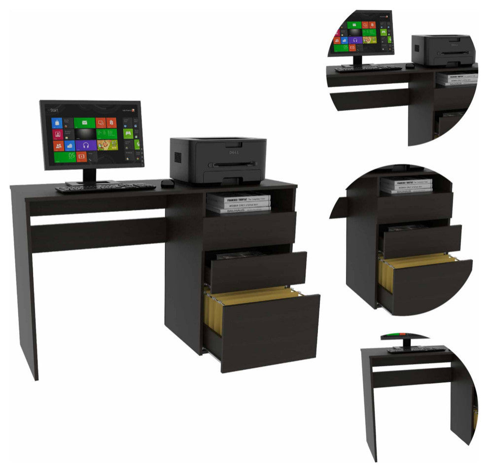 Louisiana Writing Computer Desk with Open Shelf and 3 Drawers, Black
