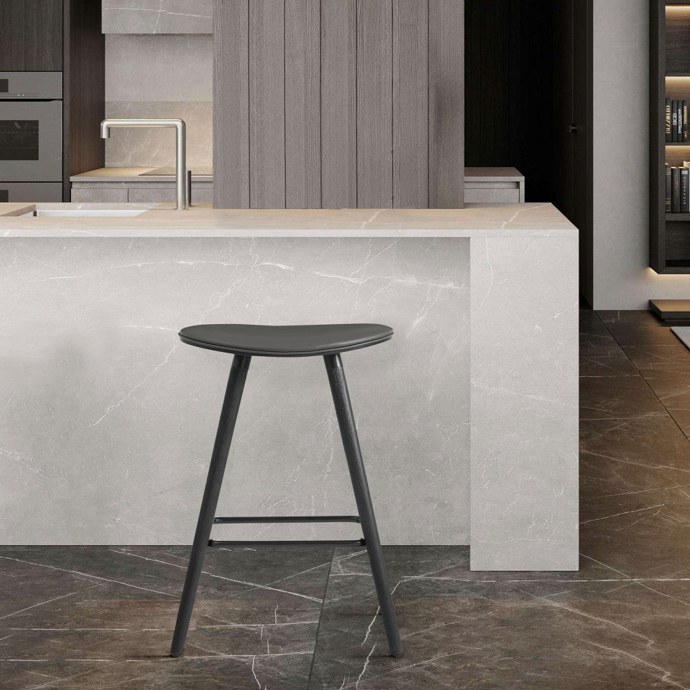 26" Gray Faux Leather Backless Black Wood Bar Stool