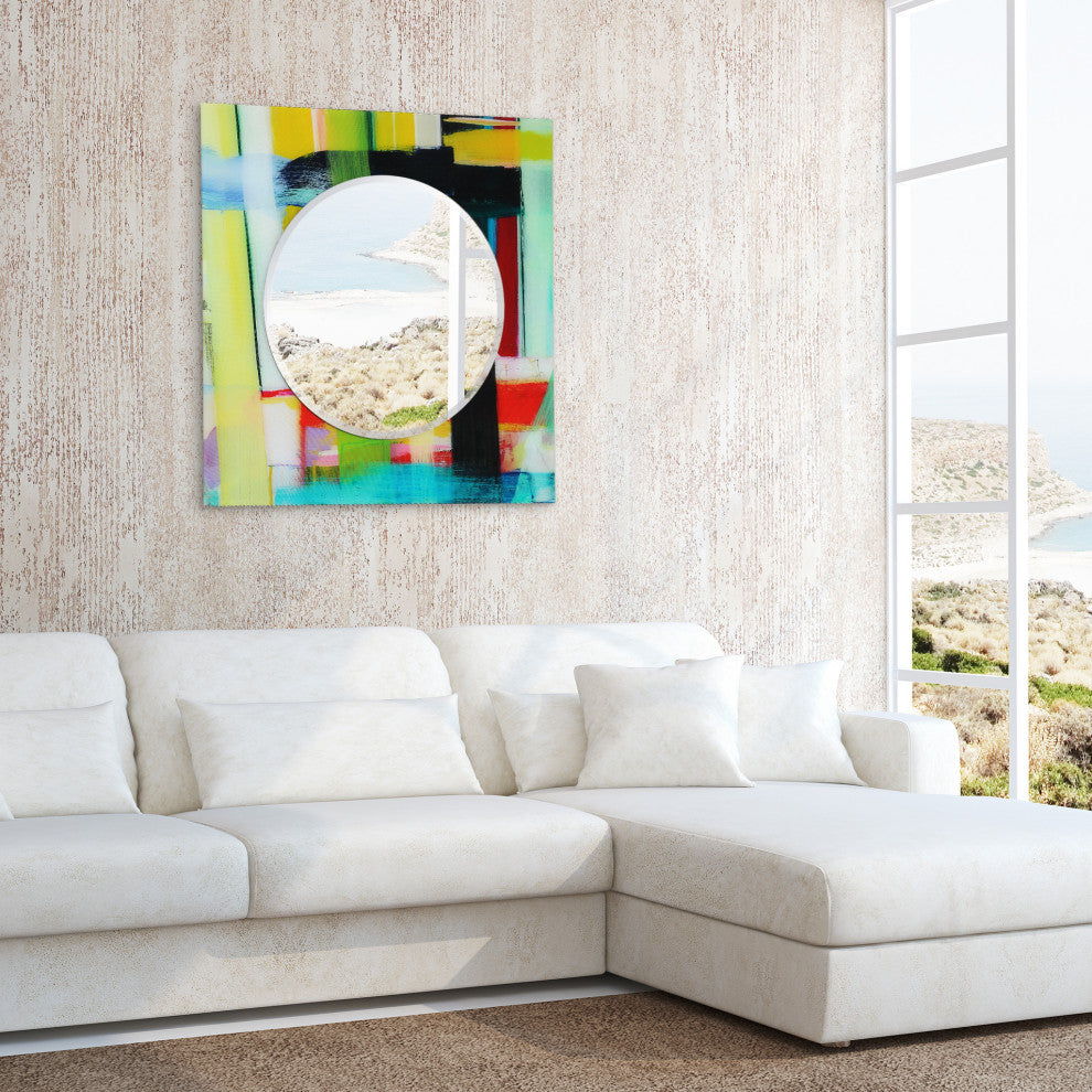 "Shine" Square Beveled Wall Mirror on Floating Printed Tempered Art Glass
