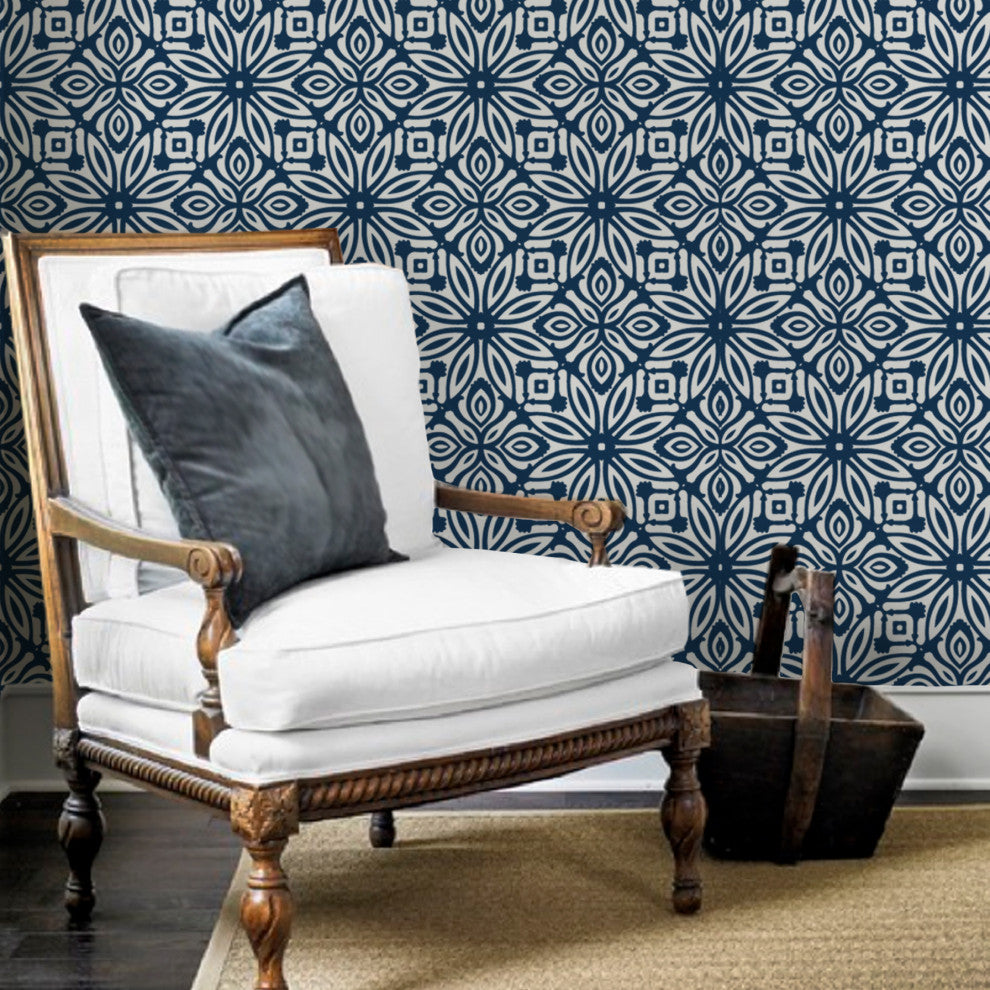 Geo Flowers Peel and Stick Vinyl Wallpaper, Navy, 24"w X 108"h