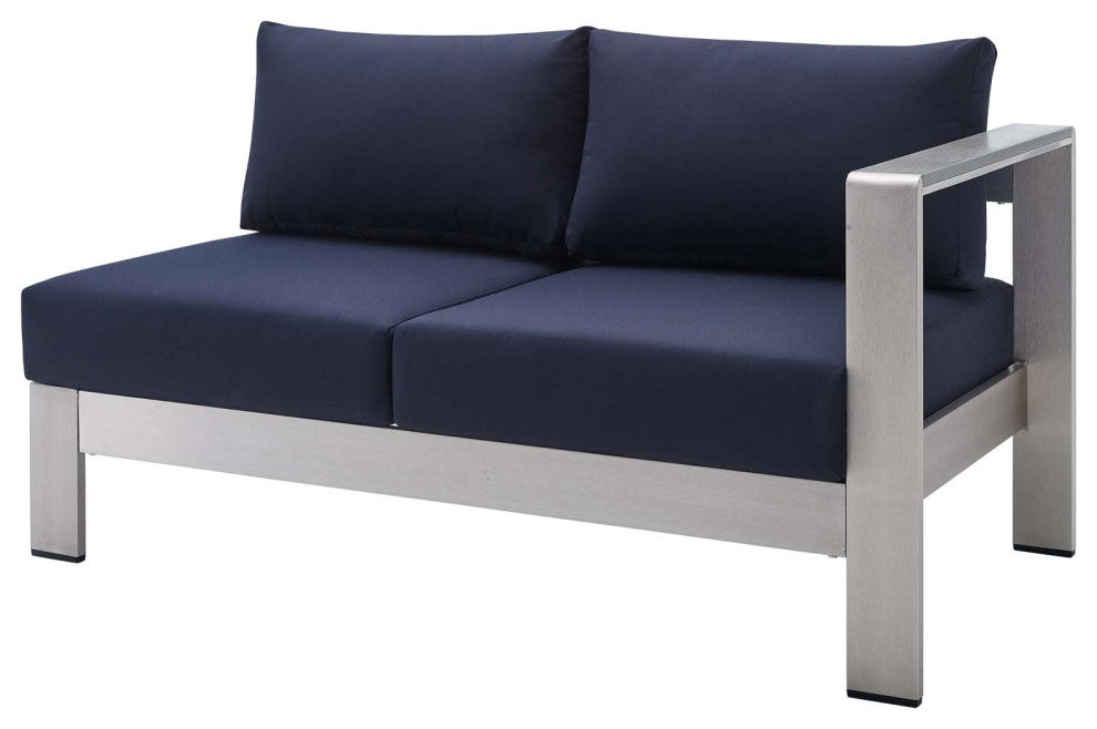 Sectional Sofa Chair Table Set, Sunbrella, Aluminum, Silver Blue Navy, Outdoor