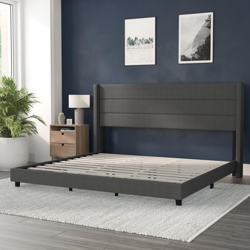 Hollis Upholstered Platform Bed with Wingback Headboard w/Mattress Foundation, Charcoal, King