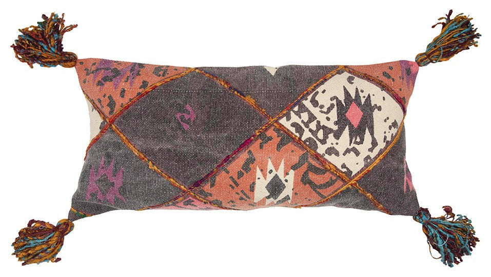 Peach Gray Tribal Corner Tasseled Lumbar Pillow
