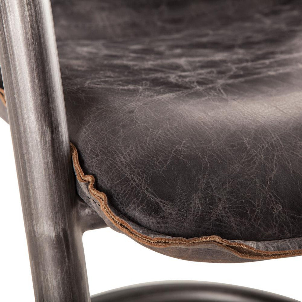 Chiavari Distressed Antique Ebony Leather Dining Chairs, Set of 2
