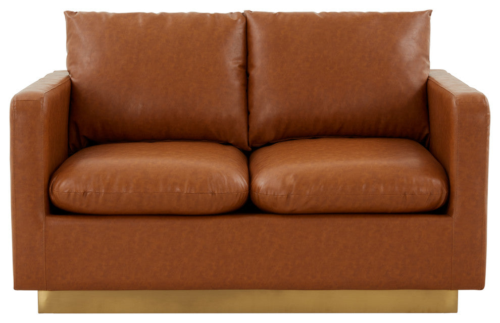 LeisureMod Nervo Modern Leather Loveseat With Gold Base, Cognac Tan