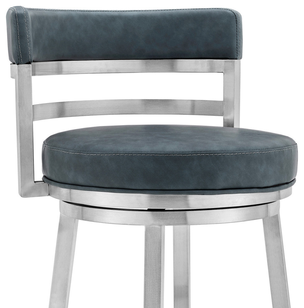 Titana 26" Counter Height Swivel Blue Faux Leather and Stainless Steel Bar Stool, 30