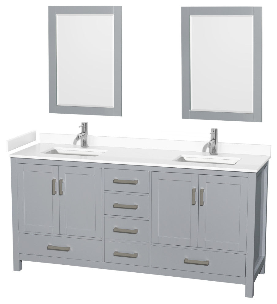 72"DBL Bathroom Vanity Gray, White Cult. Marble Countertop, Sinks, 24" Mirrors