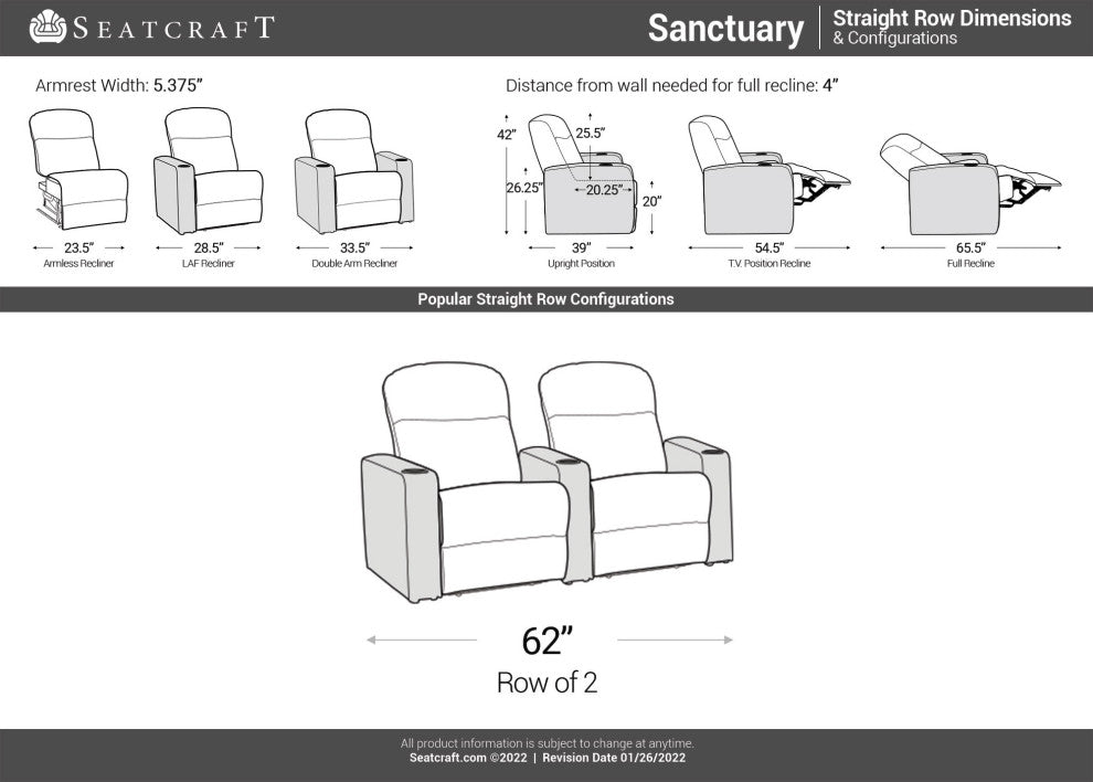 Seatcraft Sanctuary Home Theater Seating, Brown, Row of 2