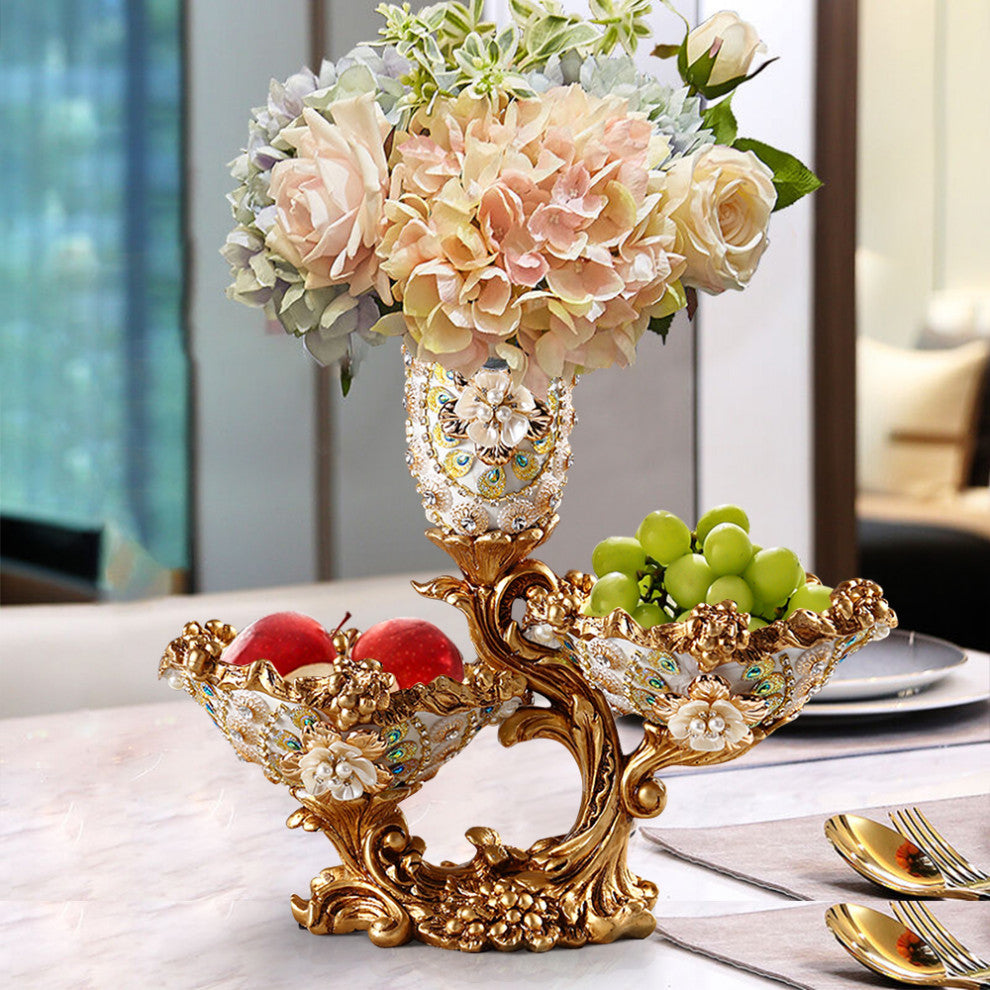 2 Tiered Gold & White Fruit Basket Plate With Vase Resin Snack Tray Decor, White/Gold