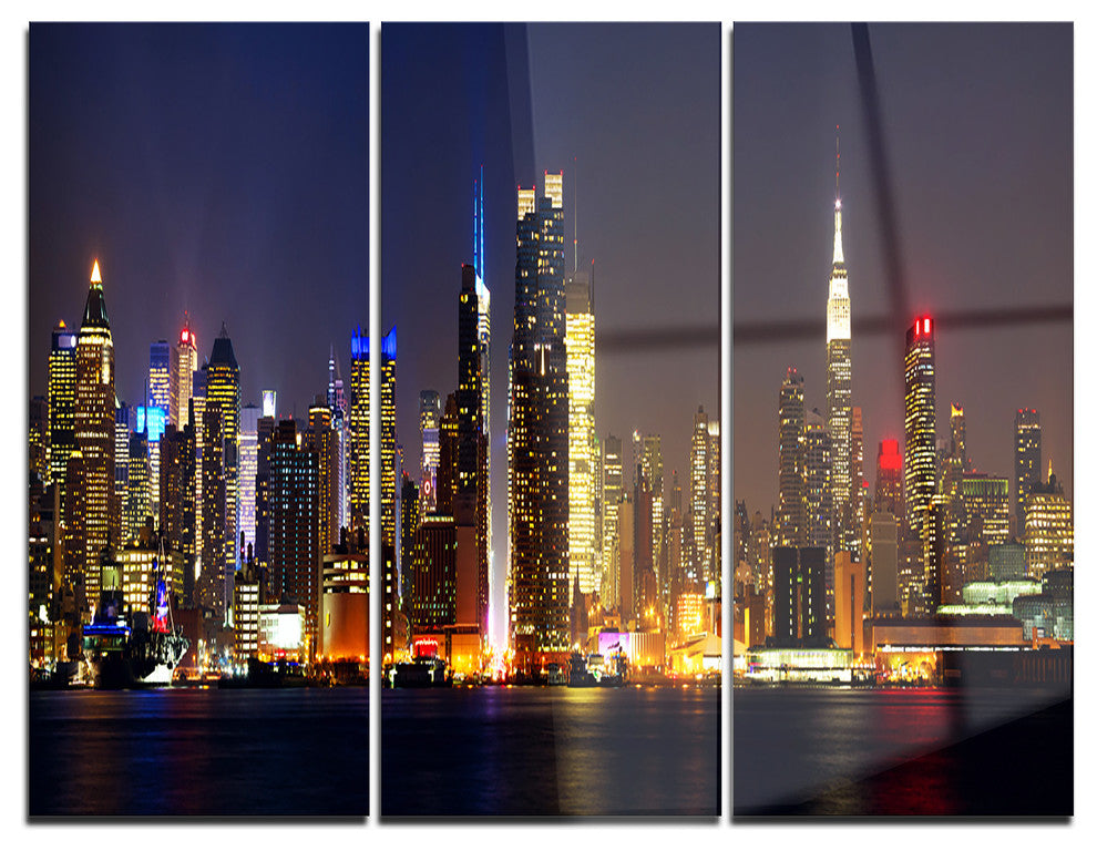 "New York Skyline at Night" Photo Metal Wall Art, 3 Panels, 36"x28"