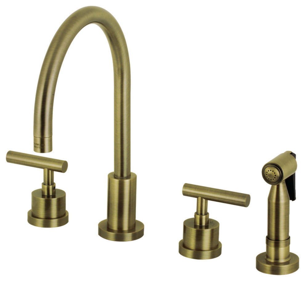 KS8723CMLBS 8" Widespread Kitchen Faucet With Brass Sprayer, Antique Brass