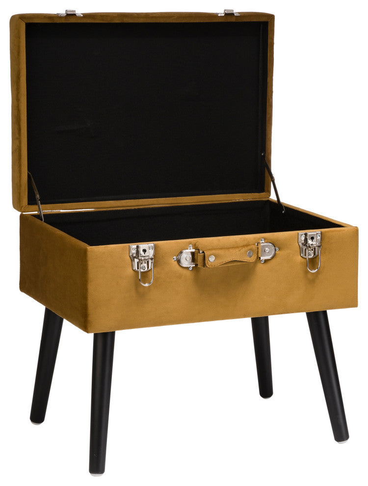 19.70" Glod Velvet Upholstered Storage Stool With Black Solid Rubberwood Legs