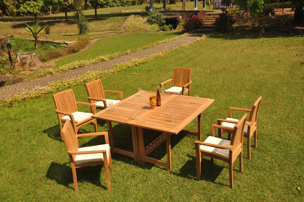 7-Piece Outdoor Teak Set: 60" Square Butterfly Table, 6 Lua Stacking Arm Chairs