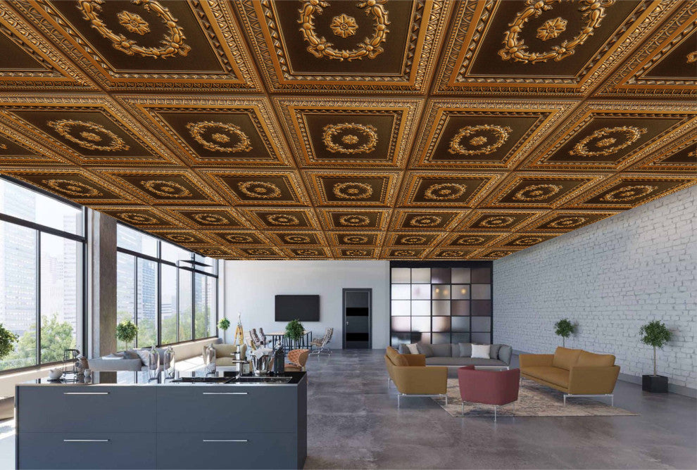 Antique Gold 3D Ceiling Panels, 2'x2', 100 Sq Ft, Pack of 25