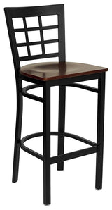 Black Window Back Metal Restaurant Barstool, Mahogany Wood Seat