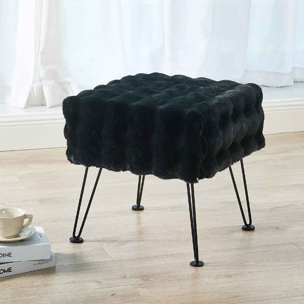 Bubble Square Faux Fur Ottoman Stool, Black, 17''x17''x17''
