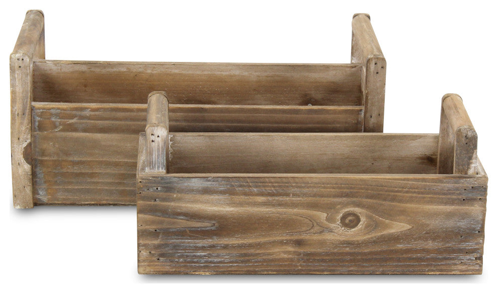 Distressed Wooden Ledge Planters With Handles, Set of 2