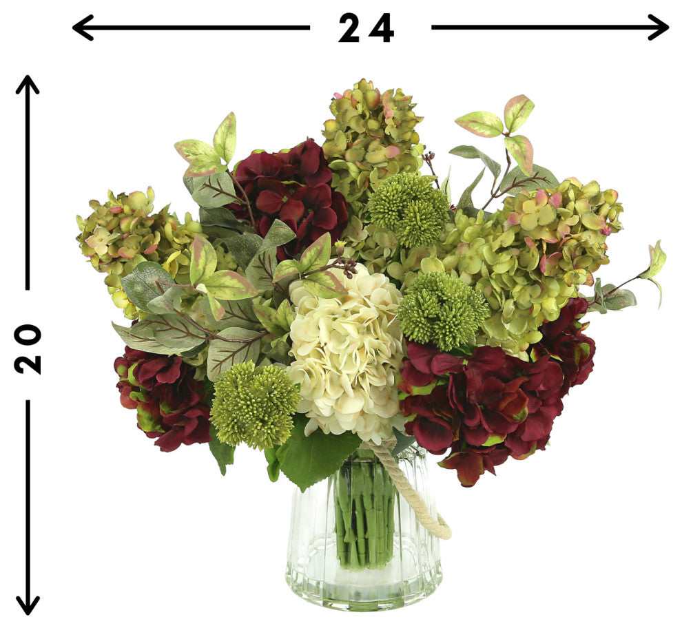 Creative Displays Arrangement, Hydrangea, Sedum and Ivy, Glass Vase With Rope